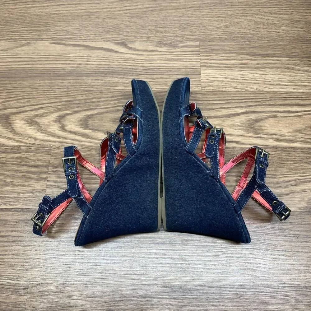 Women's Bongo Y2K‎ Playtime 7M Denim Platform Strappy Wedge Sandals Pre-owned